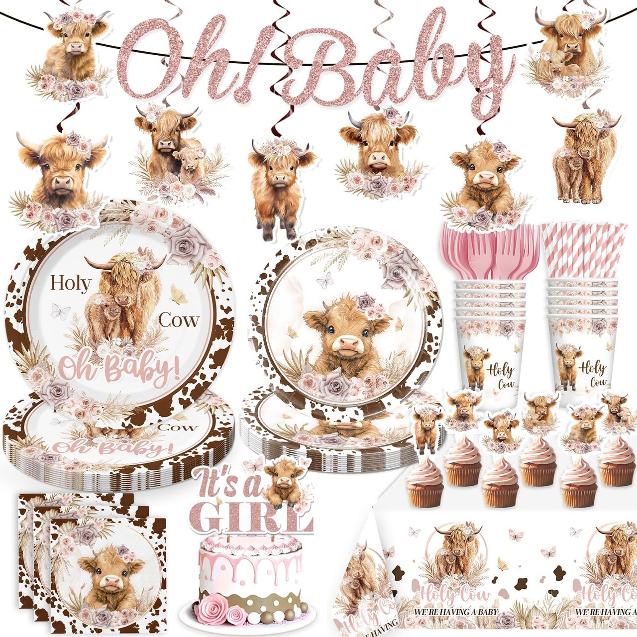 174 Pcs Highland Cow Baby Shower Decorations Tableware Highland Cow Western Theme Party Supplies with Banner Cake Topper Plates and Napkins